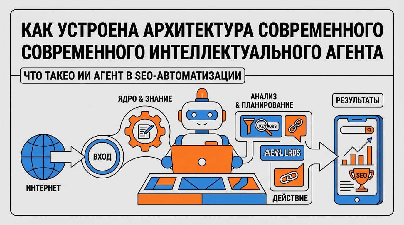 Схема архитектуры ИИ-агента с центральной нейросетью, блоками памяти, планирования и инструментами взаимодействия с внешней средой